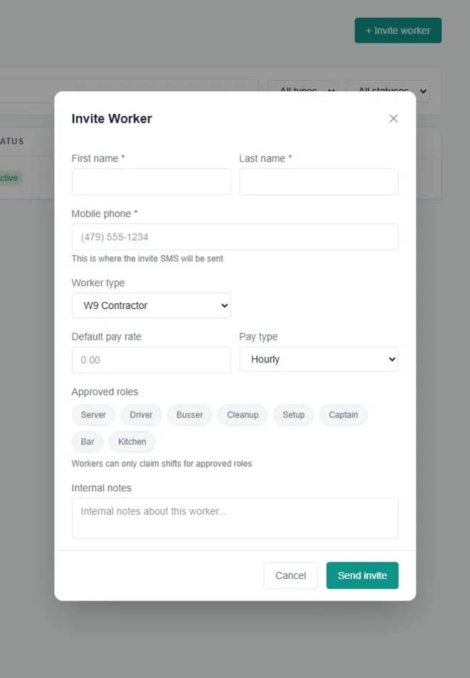 Admin portal - Invite Worker form