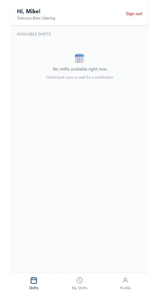 Staff app - Worker dashboard after login